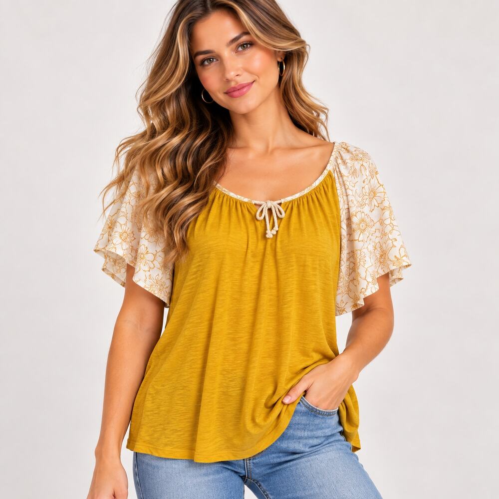Susan Graver Pure Knit Cotton Top Women's Size L Yellow Boho Cottage Casual